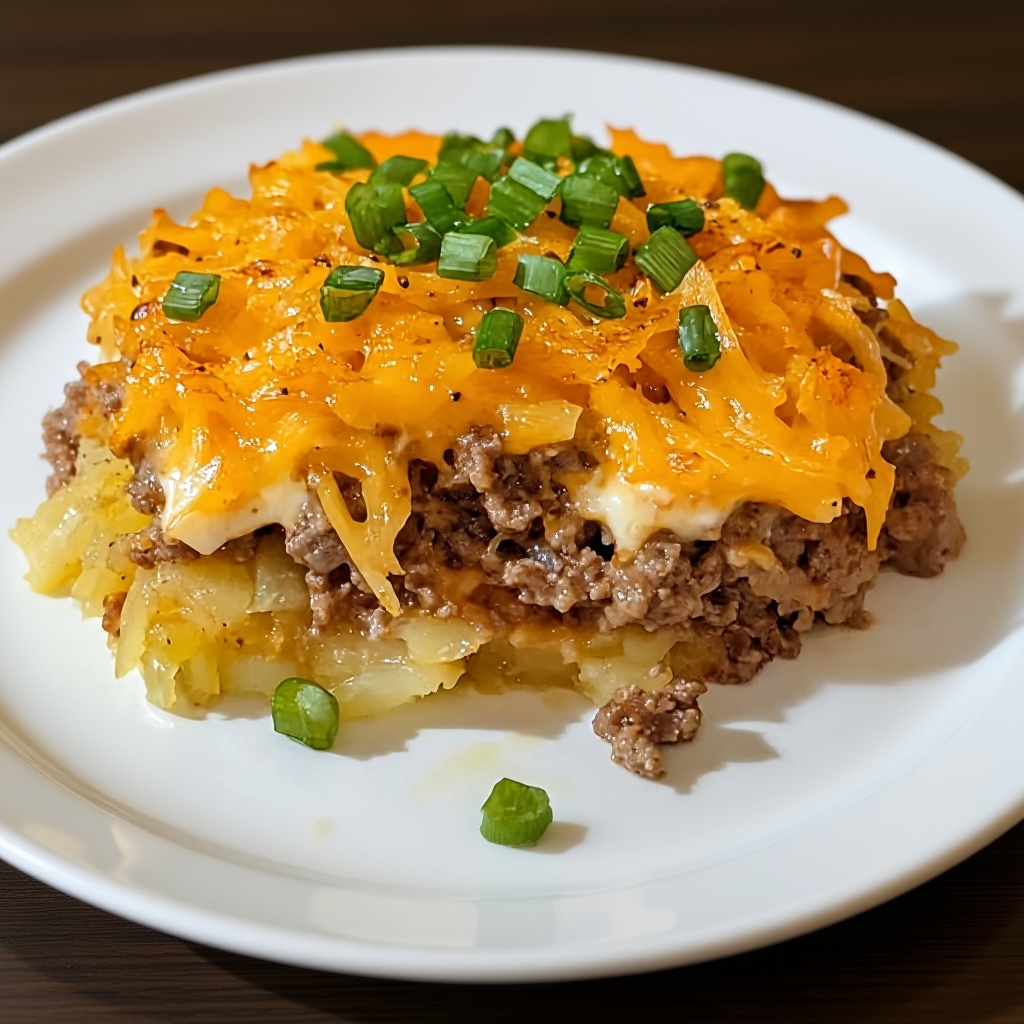 Assembling the casserole with the creamy beef mixture layered below the shredded hash browns in a baking dish.