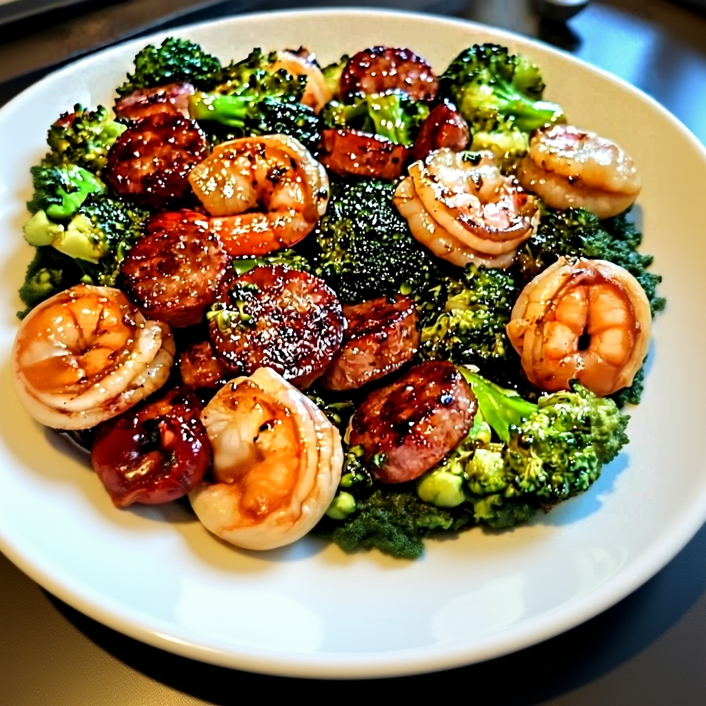 Final presentation of Honey Garlic Shrimp and Broccoli garnished with sesame seeds