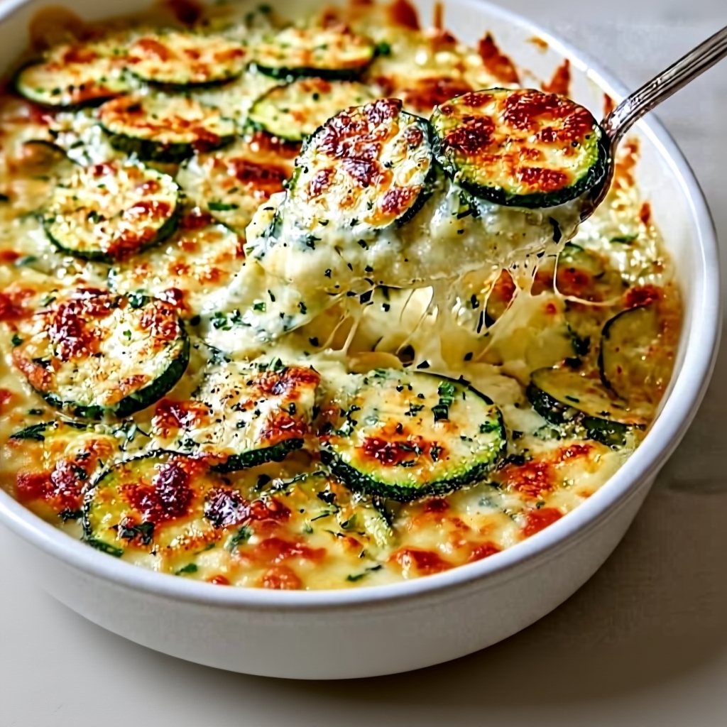 A beautiful golden-brown dish of baked zucchini and cheese