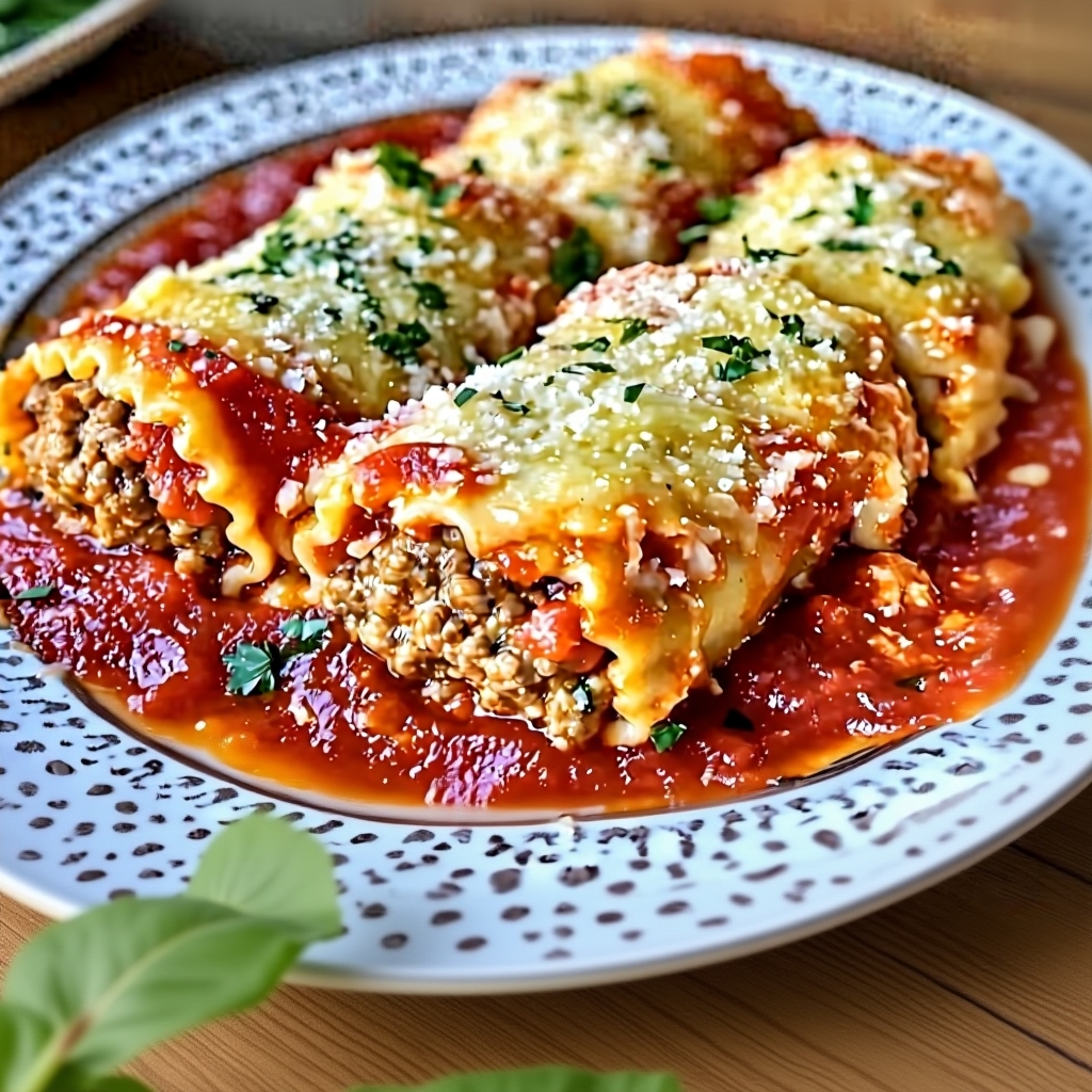 Delicious Meatball Lasagna Roll Ups served on a plate with fresh basil
