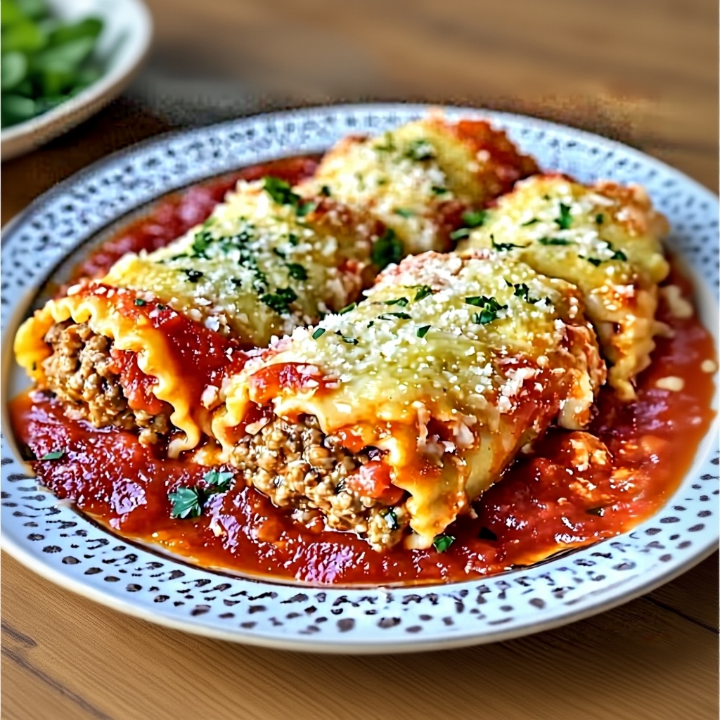 A close-up shot of a single meatball lasagna roll-up, showing the layers