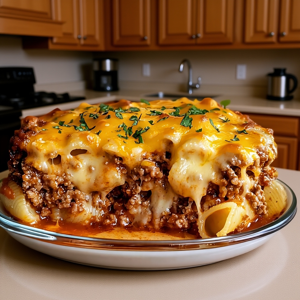 A beautiful golden-brown Meatloaf and Cheddar Shells Casserole in a baking dish