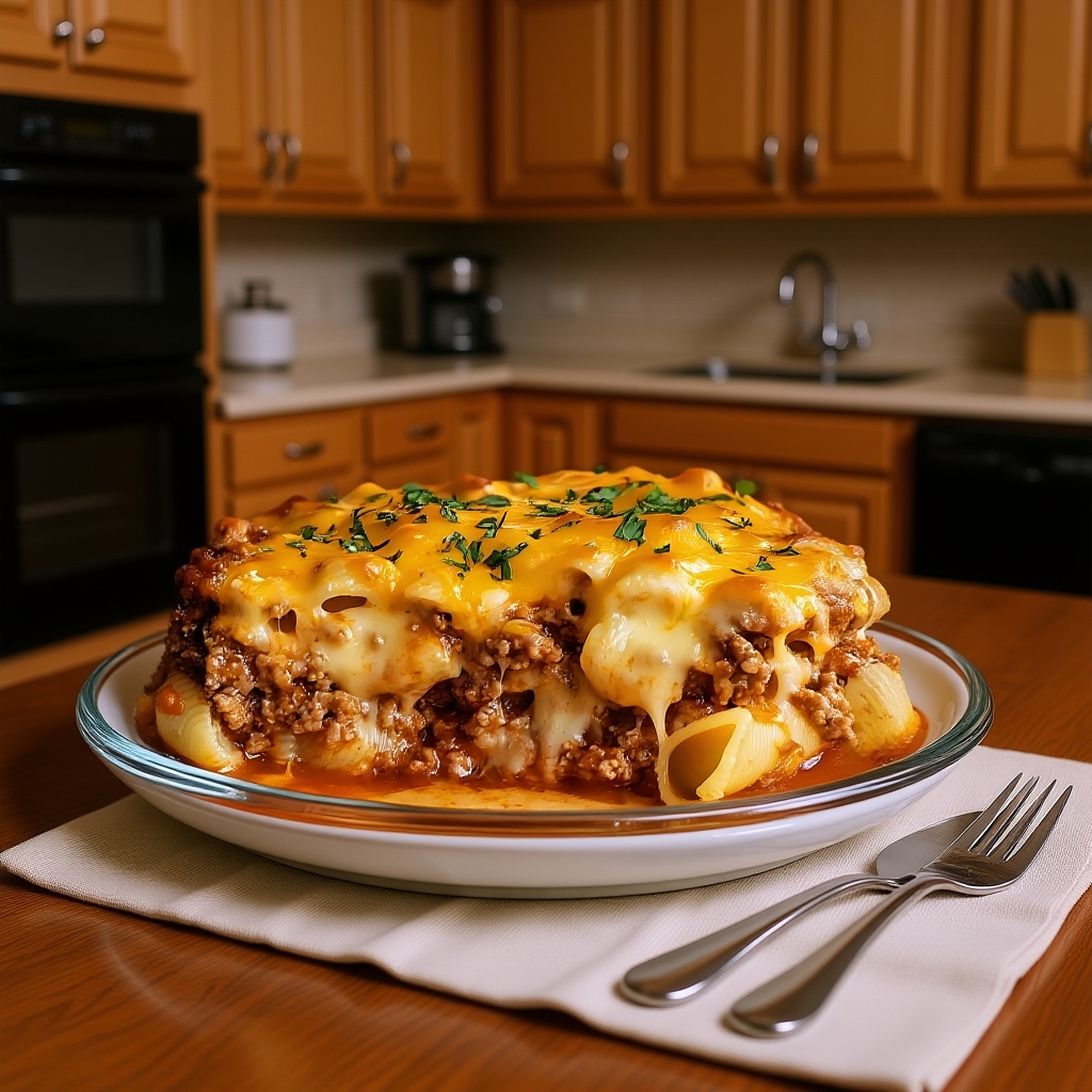 A single serving of the Meatloaf and Cheddar Shells Casserole on a plate