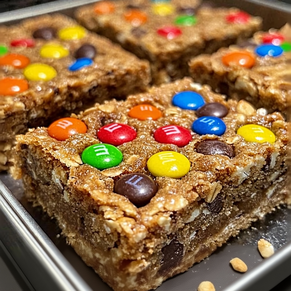 A pan of delicious no-bake monster cookie bars, cut into neat squares and ready to serve.