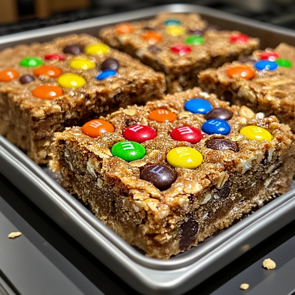 A close-up shot of a no-bake monster cookie bar, showing the texture of the oats and the colorful mini M&Ms and chocolate chips embedded within.