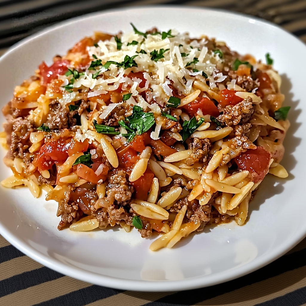 A delicious one-pan ground beef orzo bake in a cast iron skillet, topped with melted golden-brown cheese and fresh parsley.