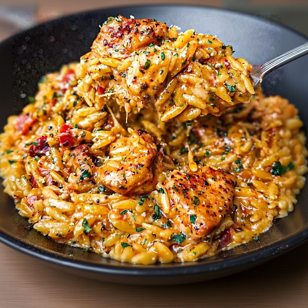 A creamy bowl of One-Pot Cajun Chicken Alfredo Orzo garnished with fresh parsley.
