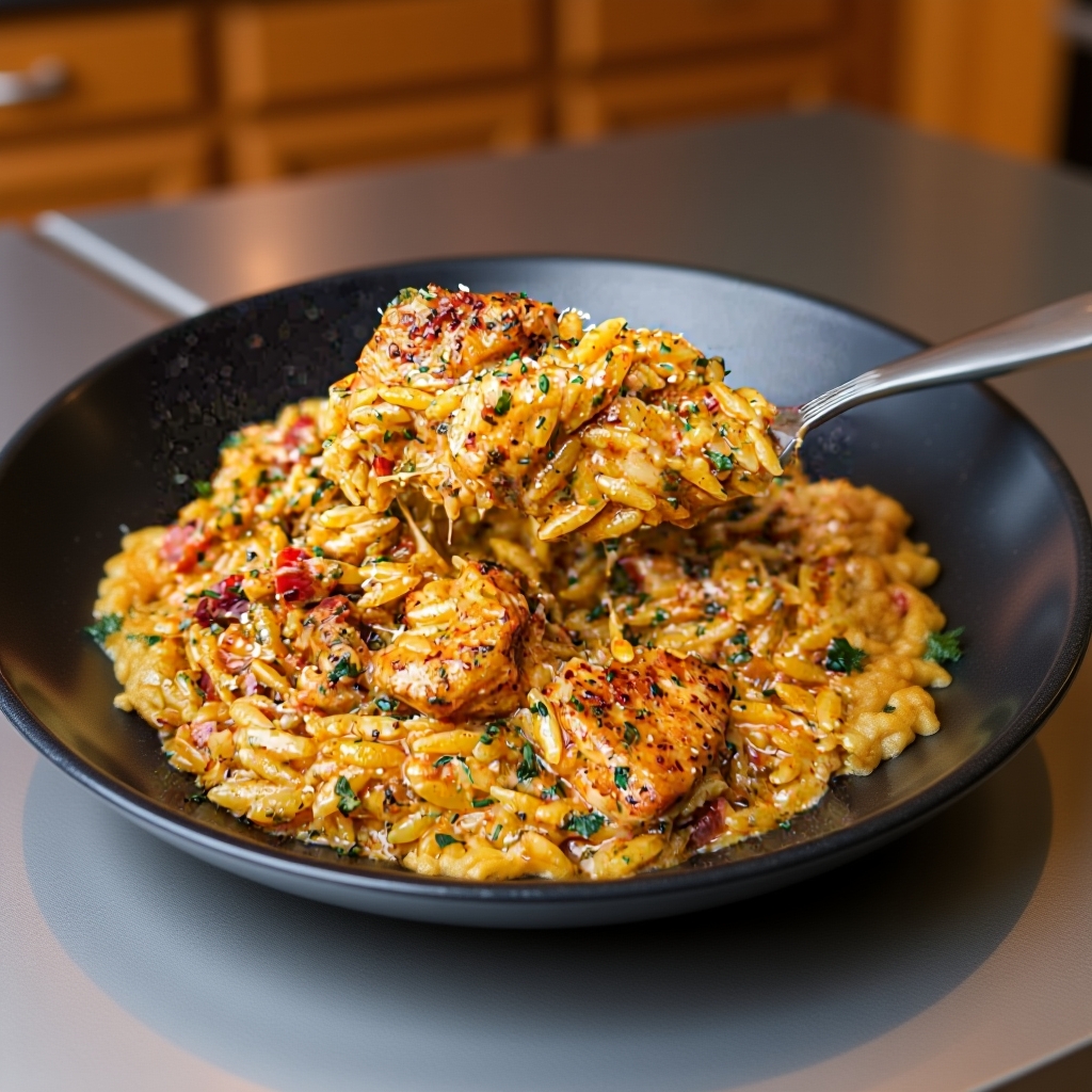 The ingredients for the recipe laid out: chicken, orzo, parmesan, and cajun spices.