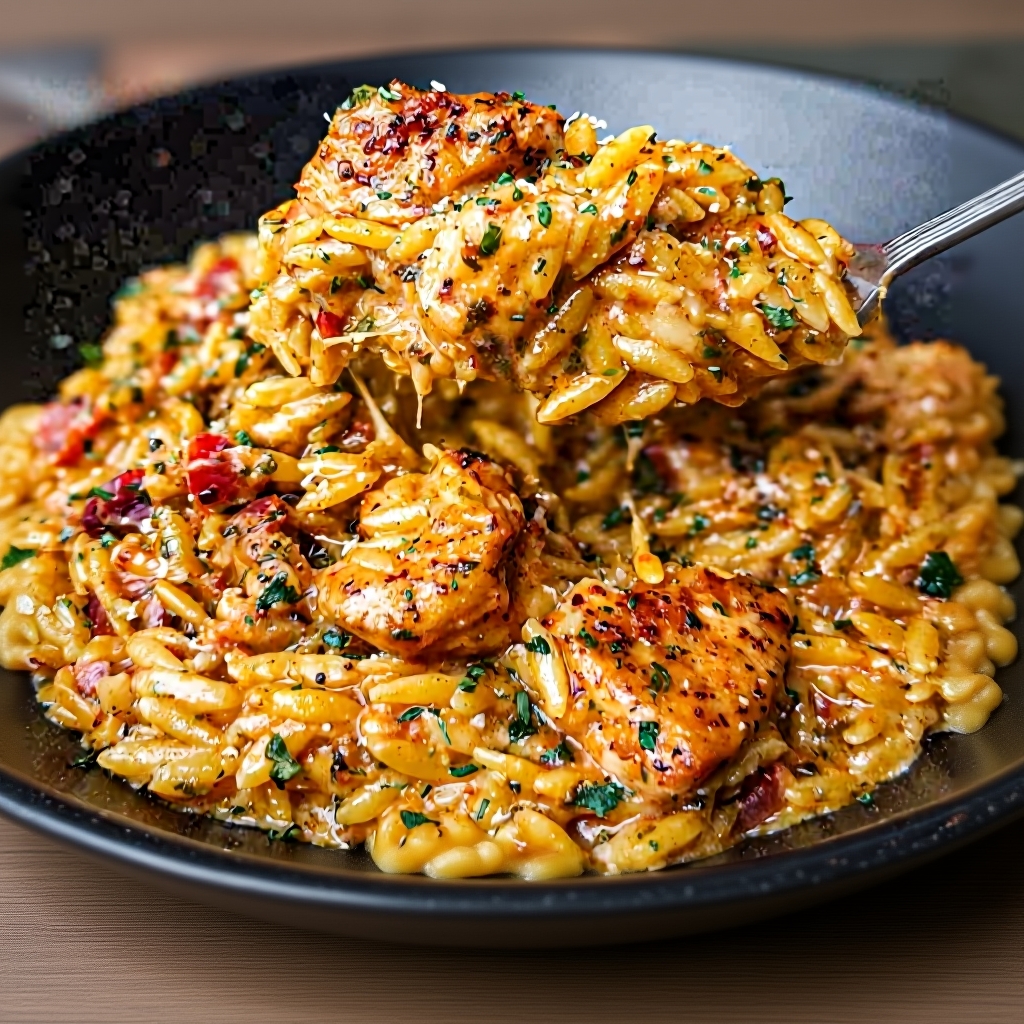 Orzo pasta toasting in the skillet with onions and garlic.