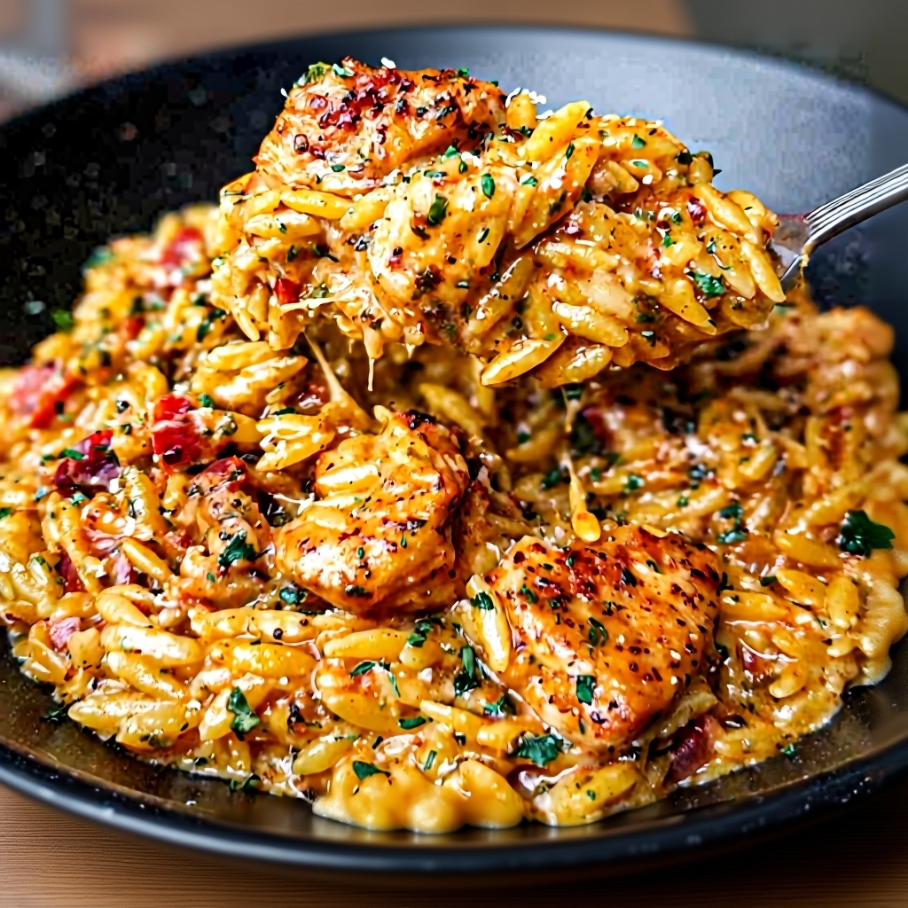 A beautiful final dish of One-Pot Cajun Chicken Alfredo Orzo in a skillet.