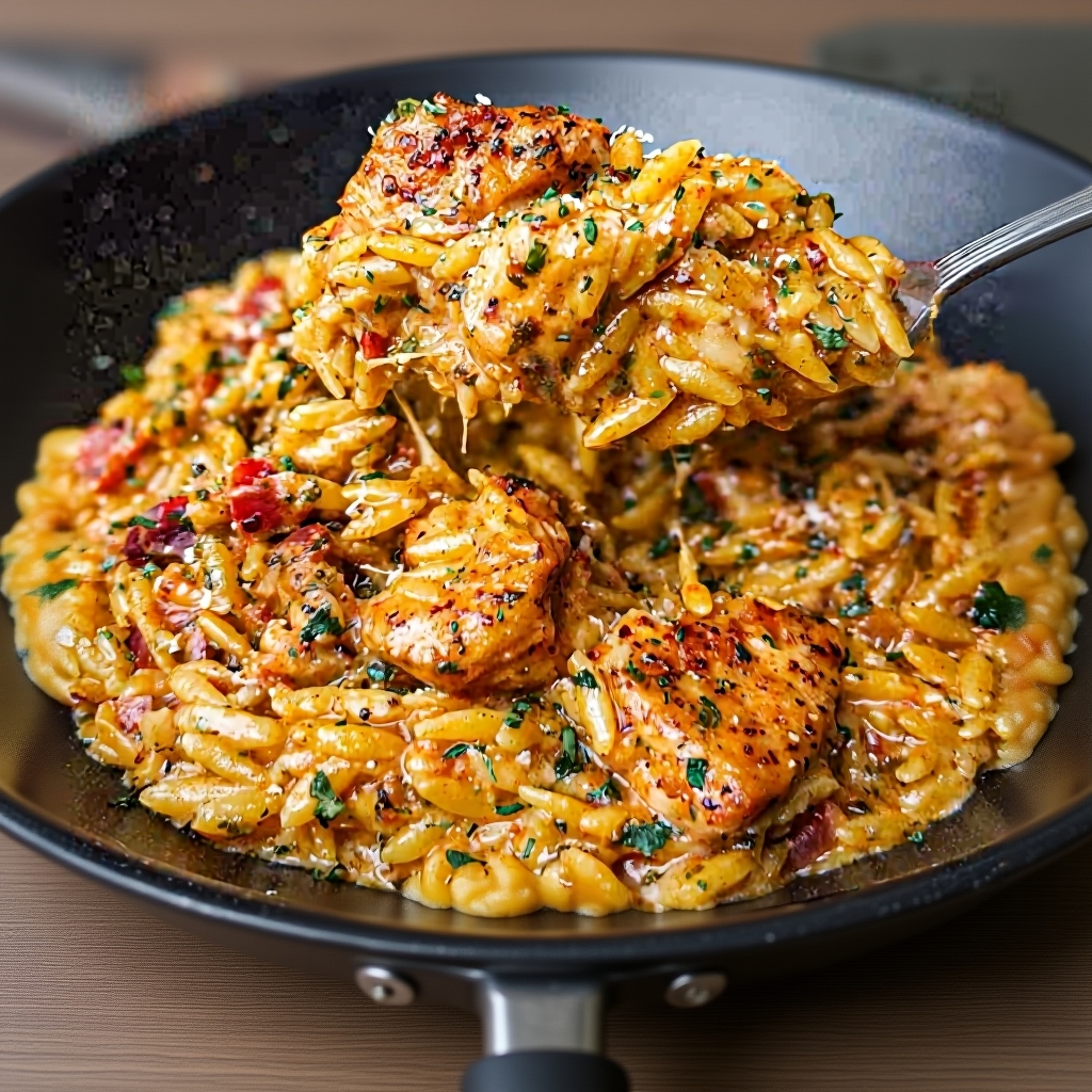 A close-up shot of the creamy orzo and chicken.