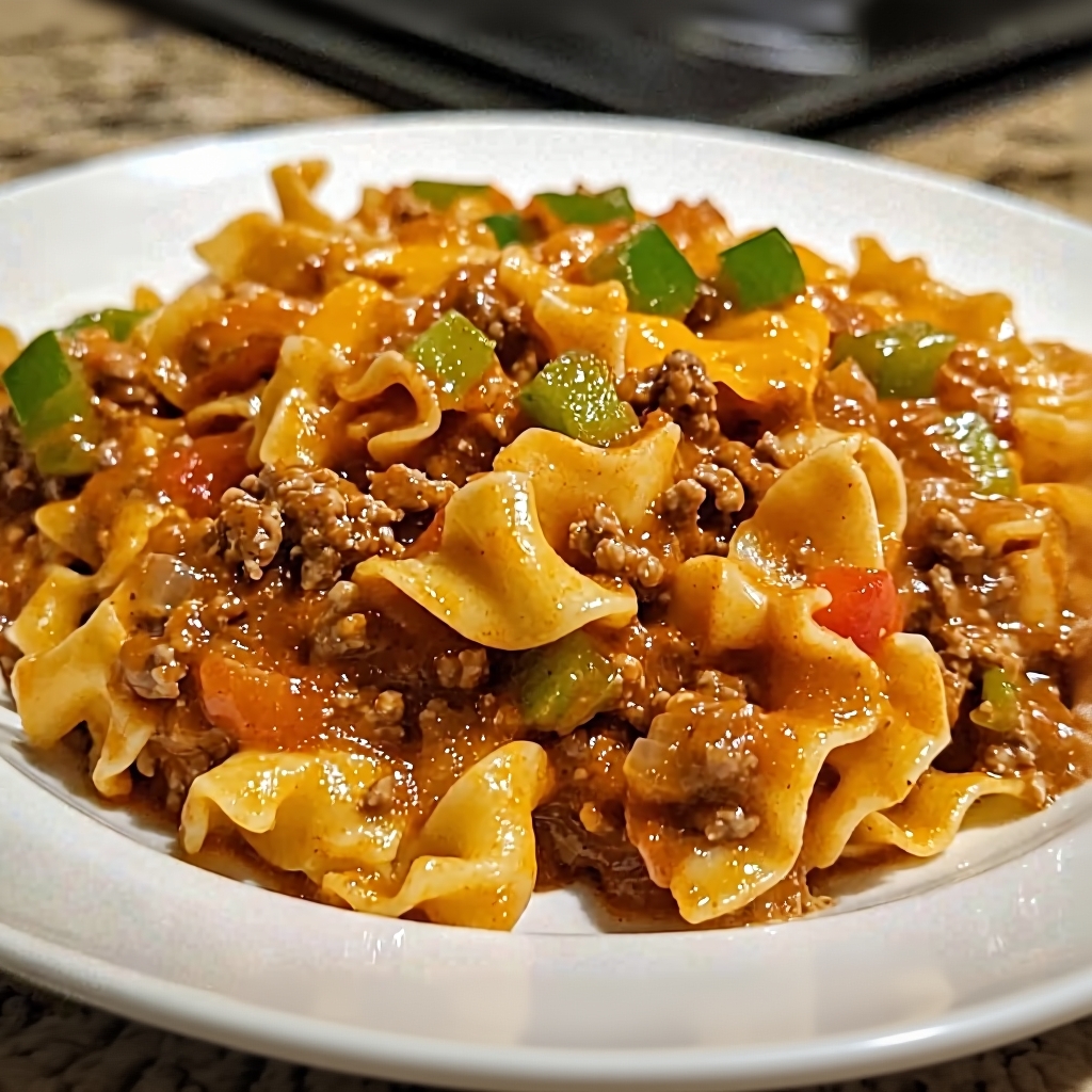 A beautiful golden-brown Sloppy Joe Hamburger Casserole in a baking dish