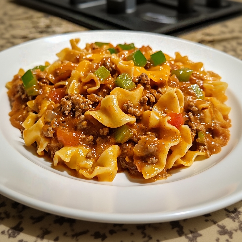 A single serving of Sloppy Joe Hamburger Casserole on a plate