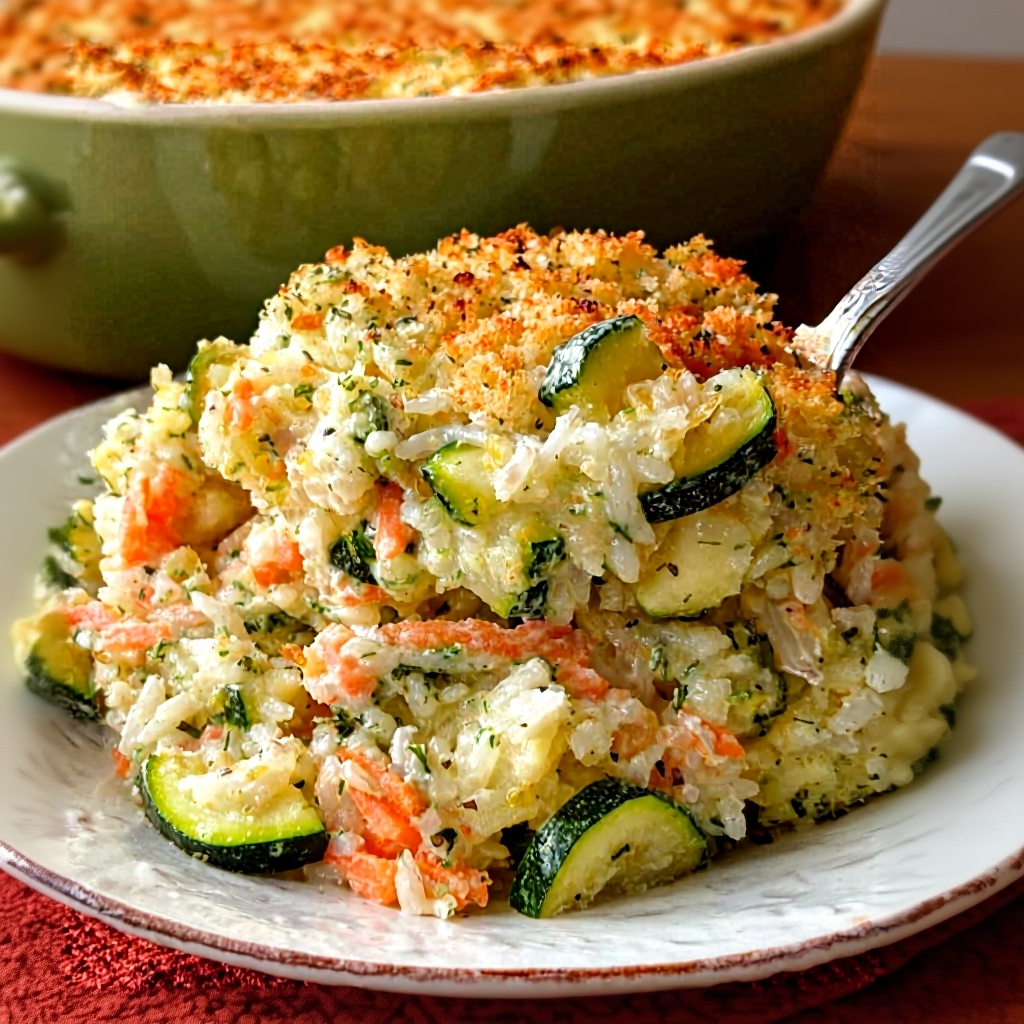 A golden-brown zucchini rice casserole fresh out of the oven in a baking dish