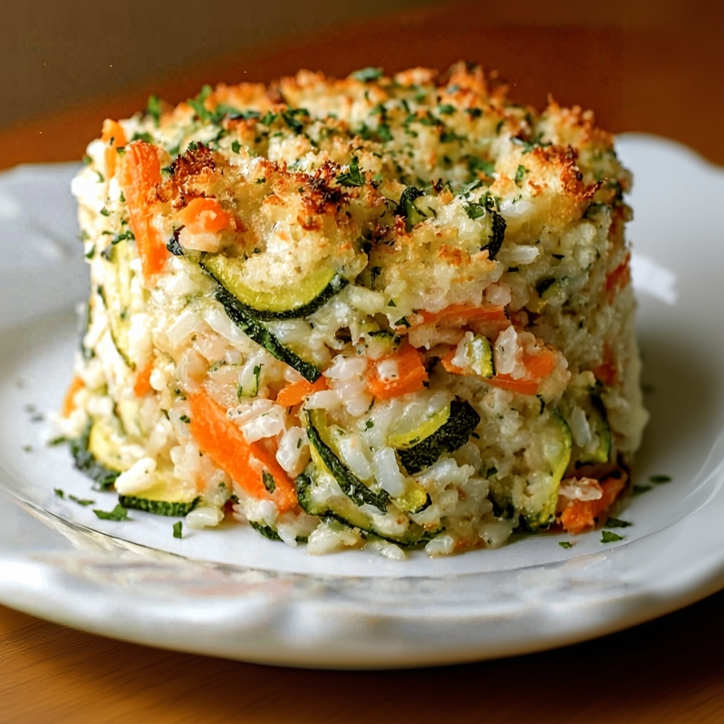 A beautiful golden-brown Zucchini Rice Casserole in a baking dish