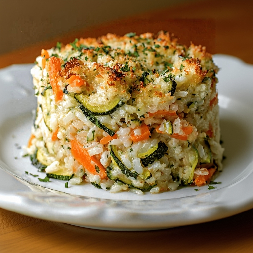 A single serving of Zucchini Rice Casserole on a plate