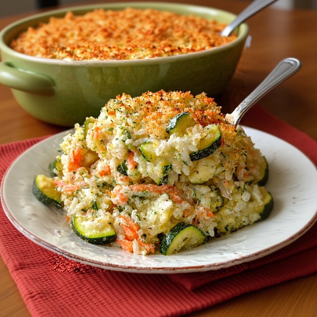 A delicious single serving of zucchini rice casserole on a white plate