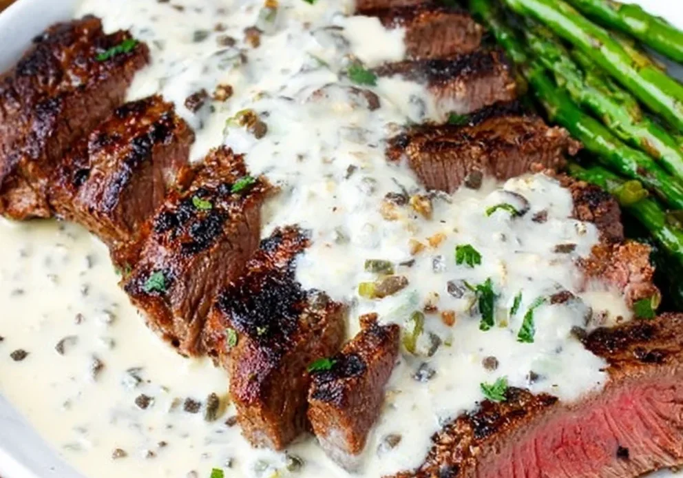 Flank Steak with Creamy Peppercorn Sauce
