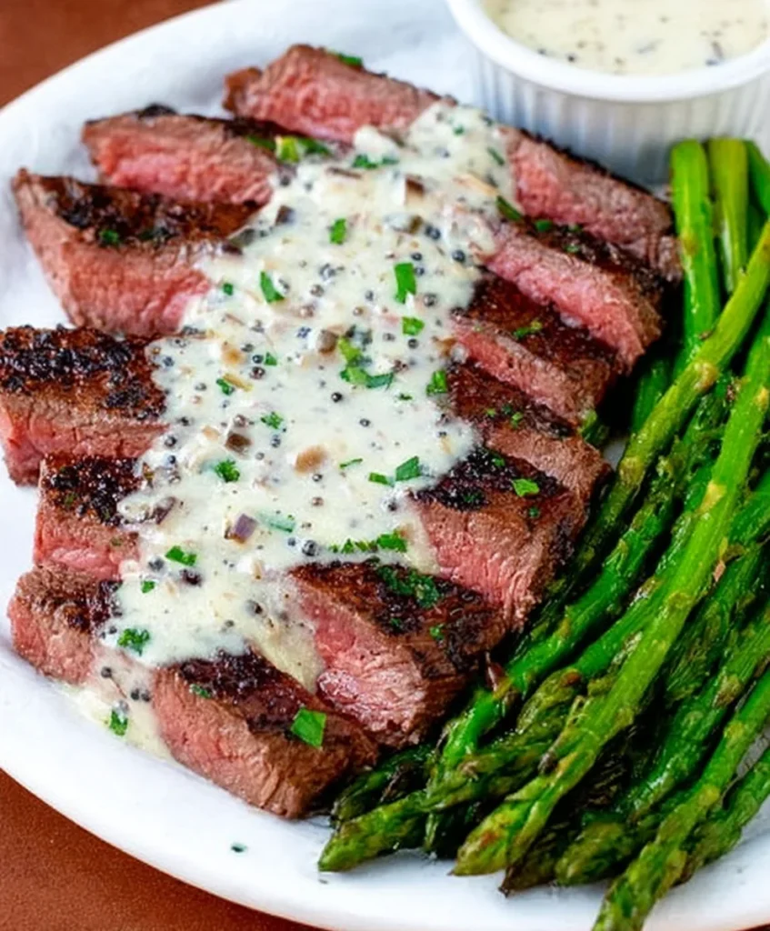 Flank Steak with Creamy Peppercorn Sauce