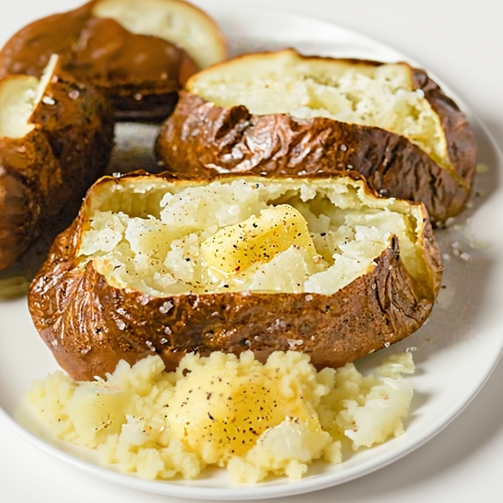 A freshly air-fried baked potato, sliced open to reveal a fluffy interior.