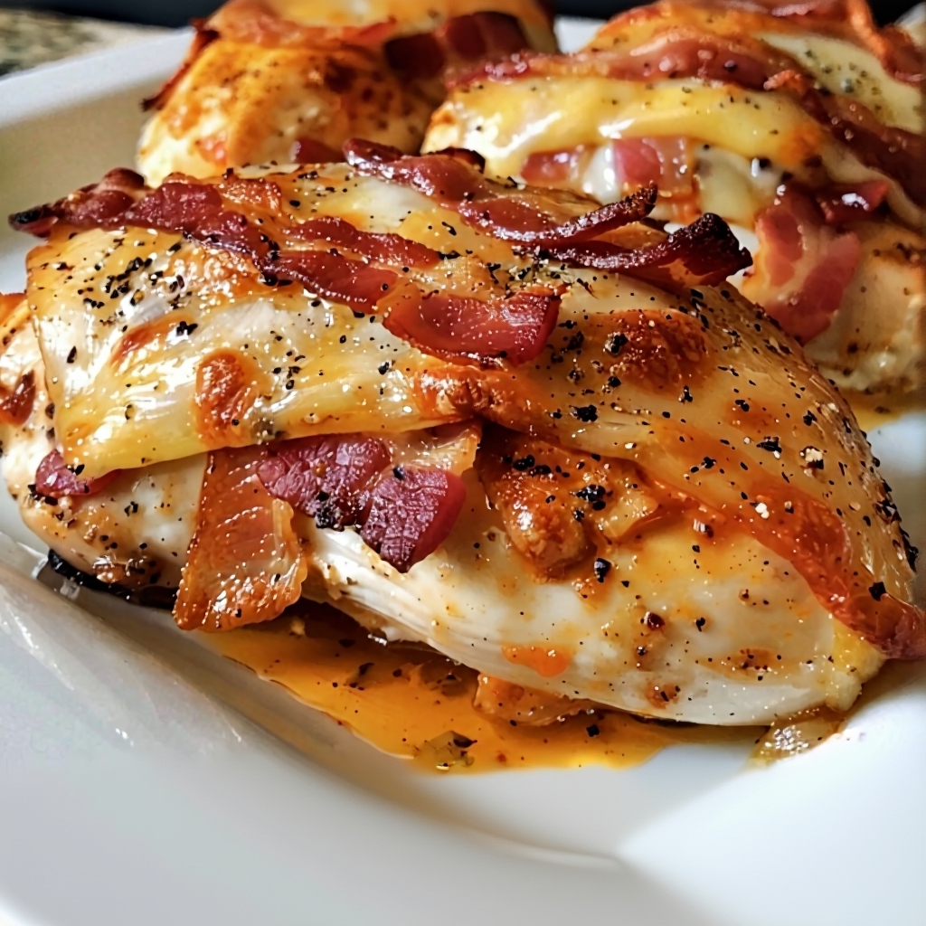 A beautifully baked BBQ Ranch Stuffed Chicken breast, sliced open to reveal melted pepper jack cheese and turkey bacon.