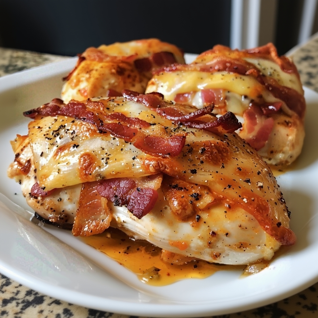 A raw chicken breast sliced open and filled with slices of pepper jack cheese and turkey bacon.