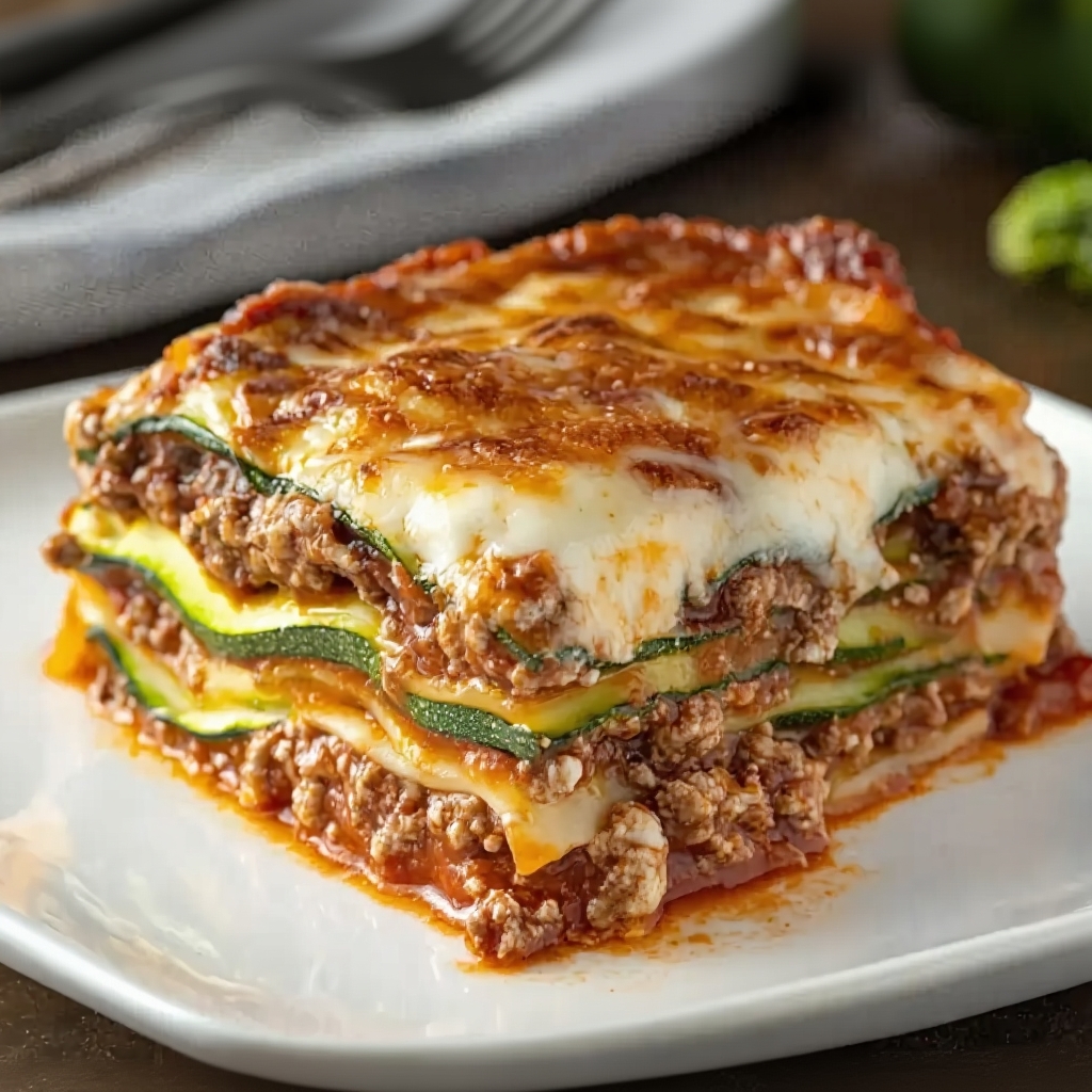 A beautiful, bubbly golden-brown beef and zucchini noodle lasagna fresh from the oven in a white baking dish.