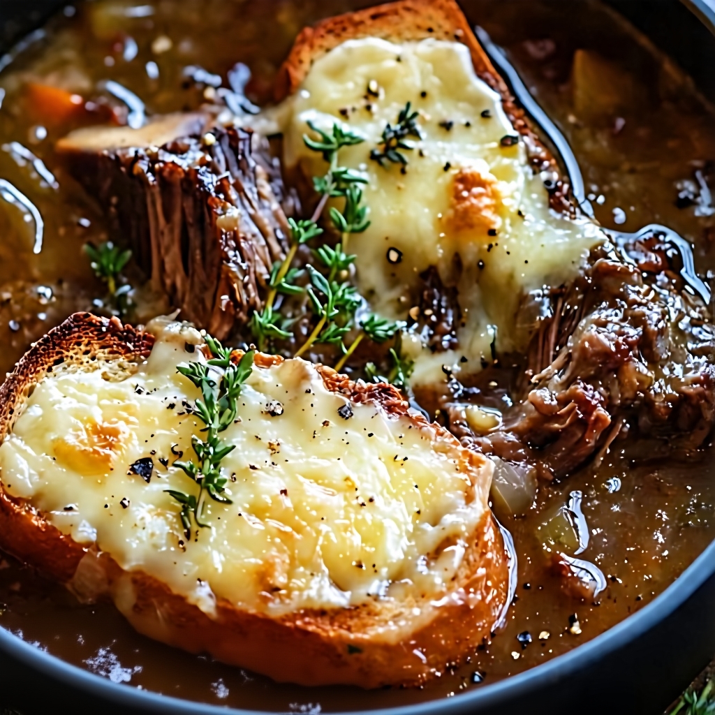 A bowl of cozy beef short rib French onion soup topped with melted cheese