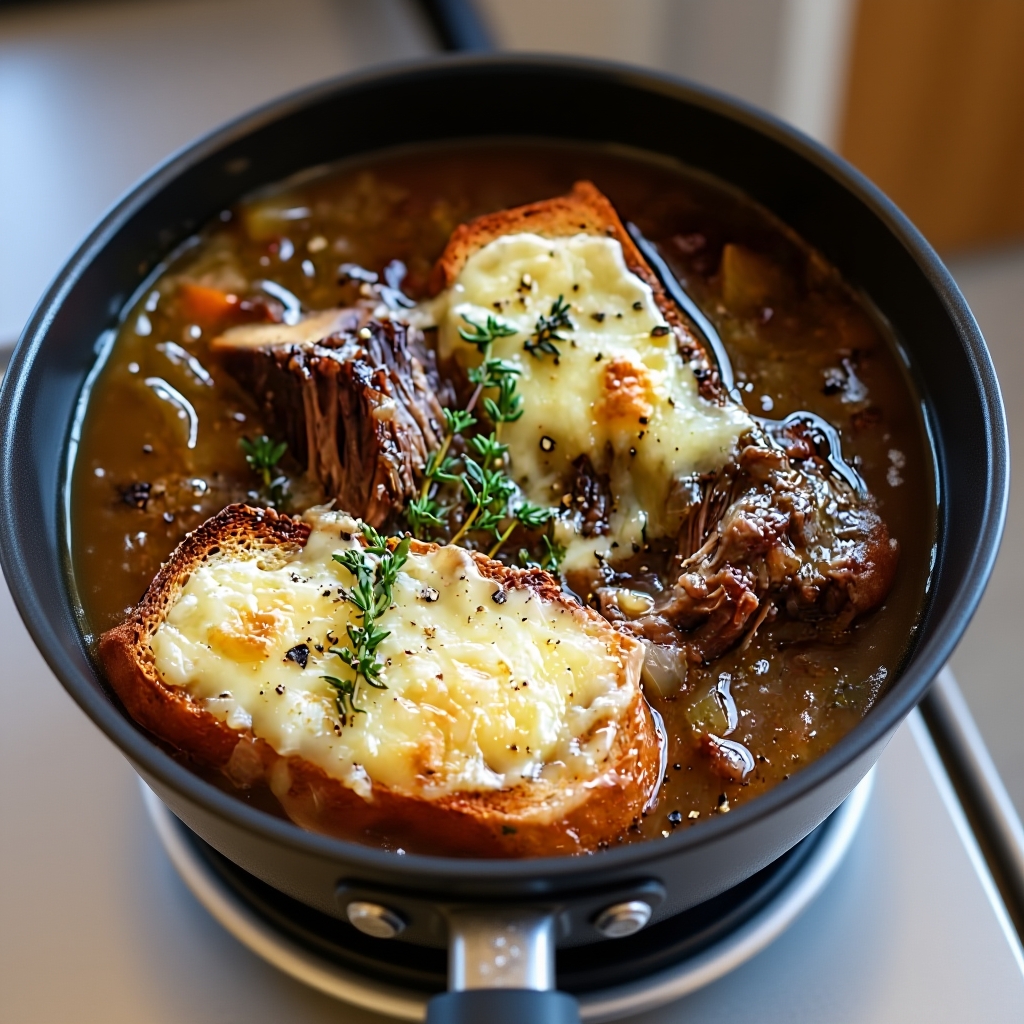 Ingredients for cozy beef short rib French onion soup laid out on a kitchen counter