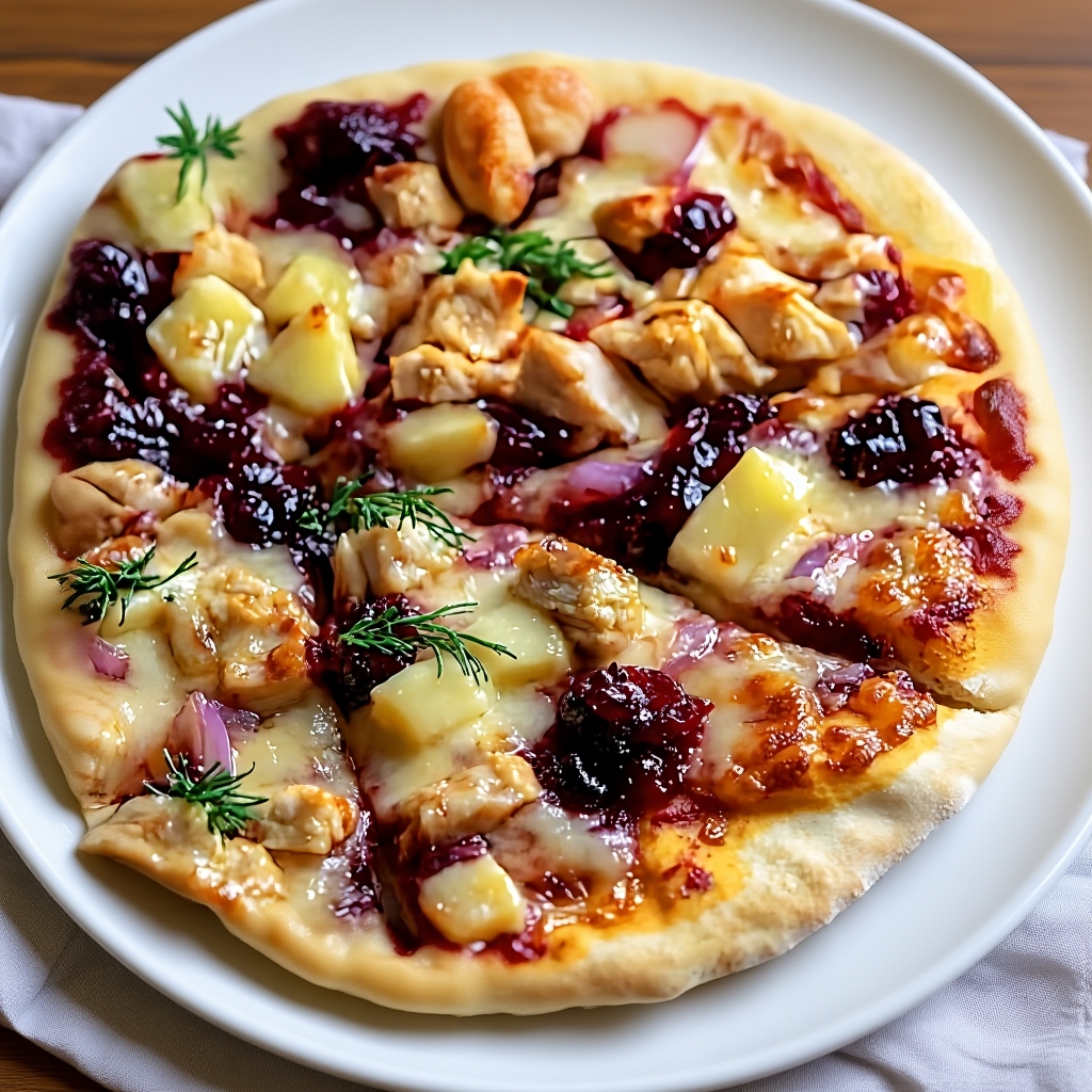Whole Cranberry Chicken Brie Pizza fresh out of the oven