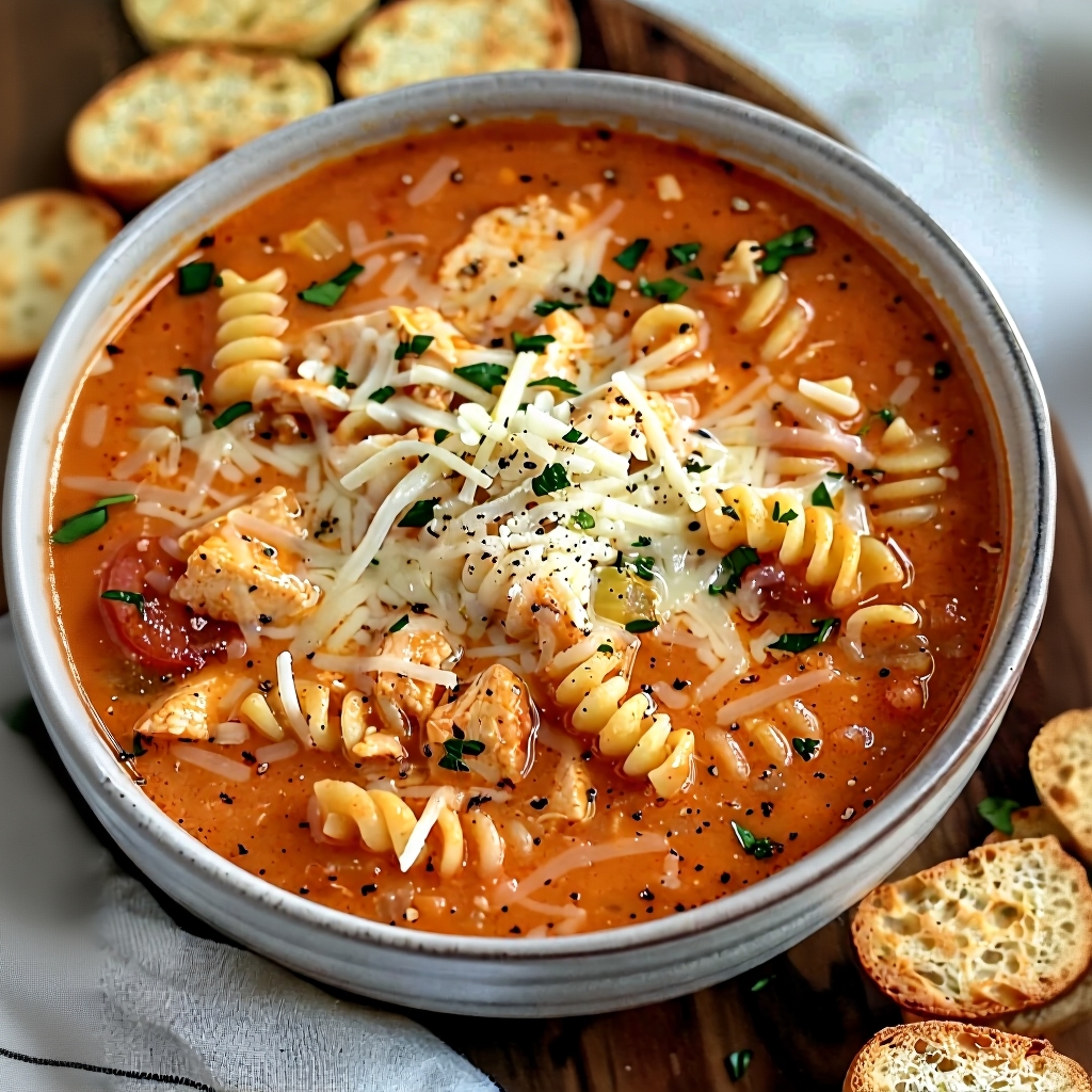 A hearty bowl of Crockpot Chicken Parmesan Soup, topped with cheese and fresh basil.
