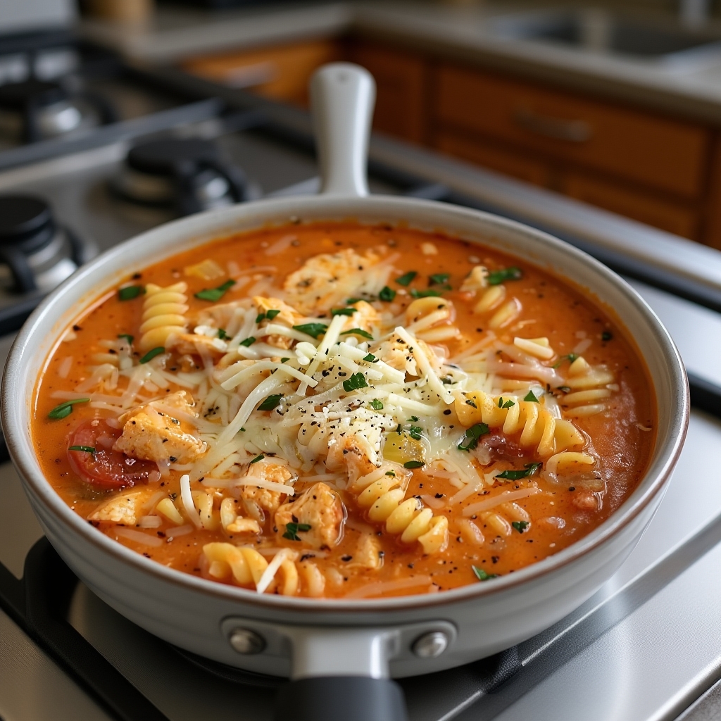 A close-up shot of a bowl of rich and creamy Crockpot Chicken Parmesan Soup, garnished with fresh basil.
