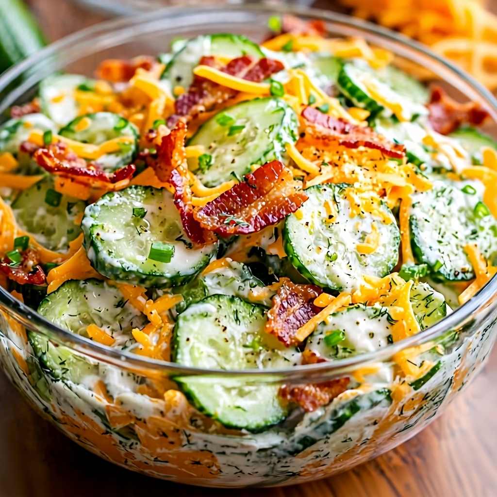 A large glass bowl of creamy cucumber ranch salad, garnished with bacon and green onions.