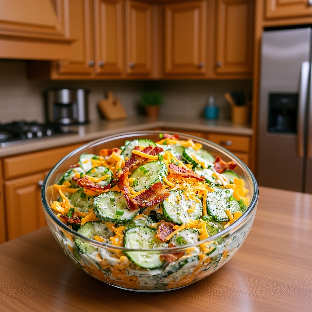 Fresh ingredients for the cucumber ranch salad arranged on a wooden board.
