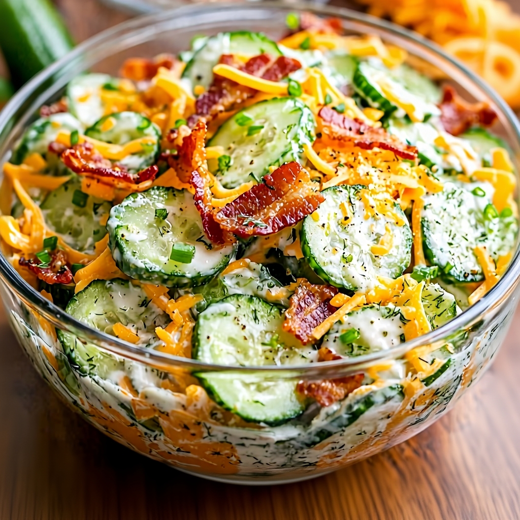 A variation of the cucumber salad in a bowl, with cherry tomatoes and red onion added.