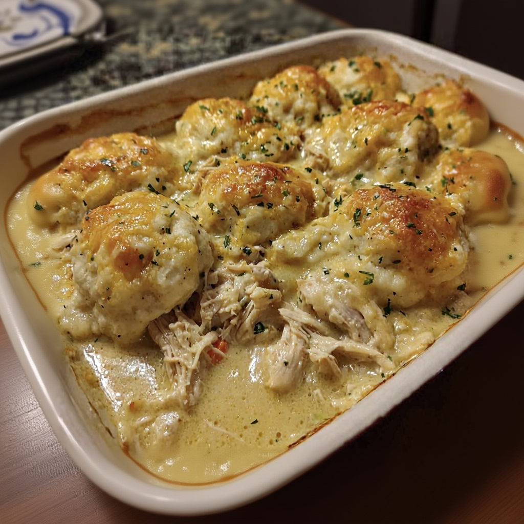 Baked chicken and dumpling casserole just out of the oven