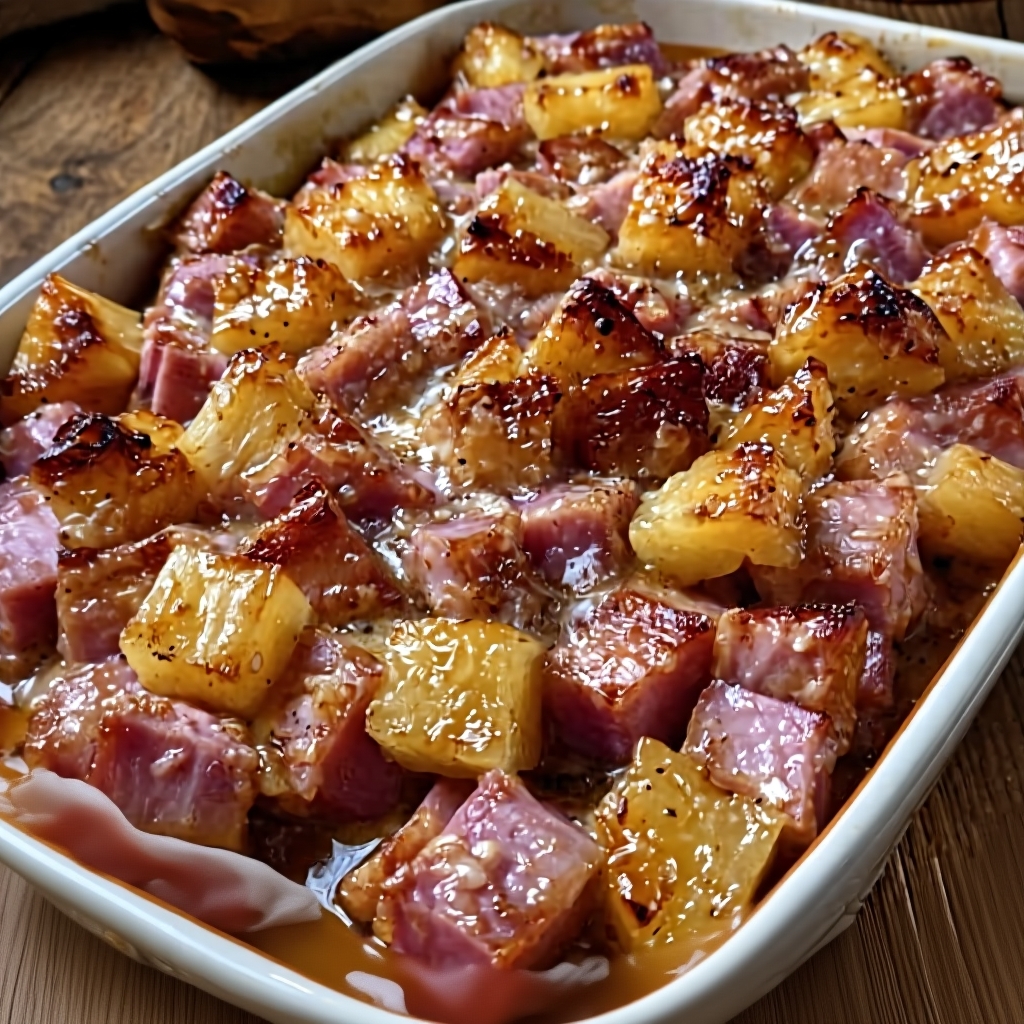 The final dish of brown sugar pineapple bake, served and ready to be enjoyed.