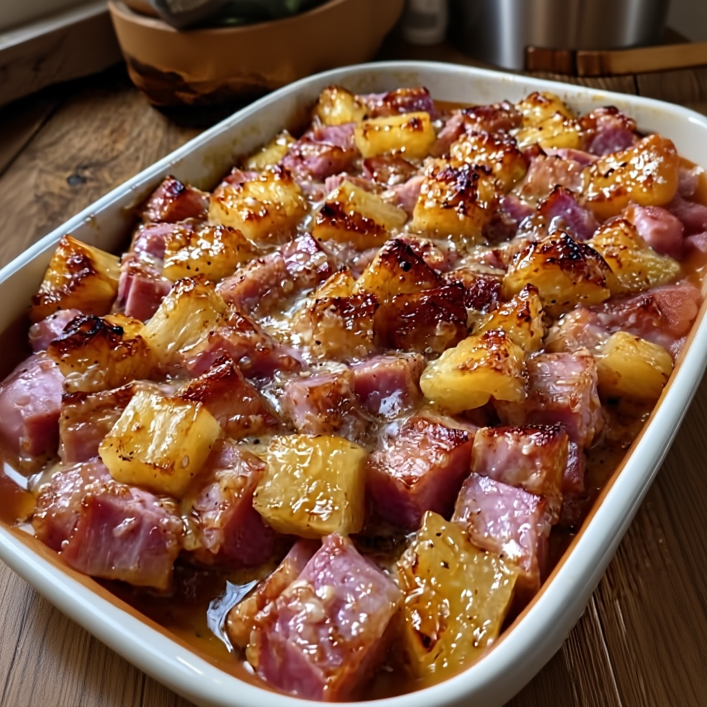 Ingredients and preparation of the pineapple bake in a dish before baking.