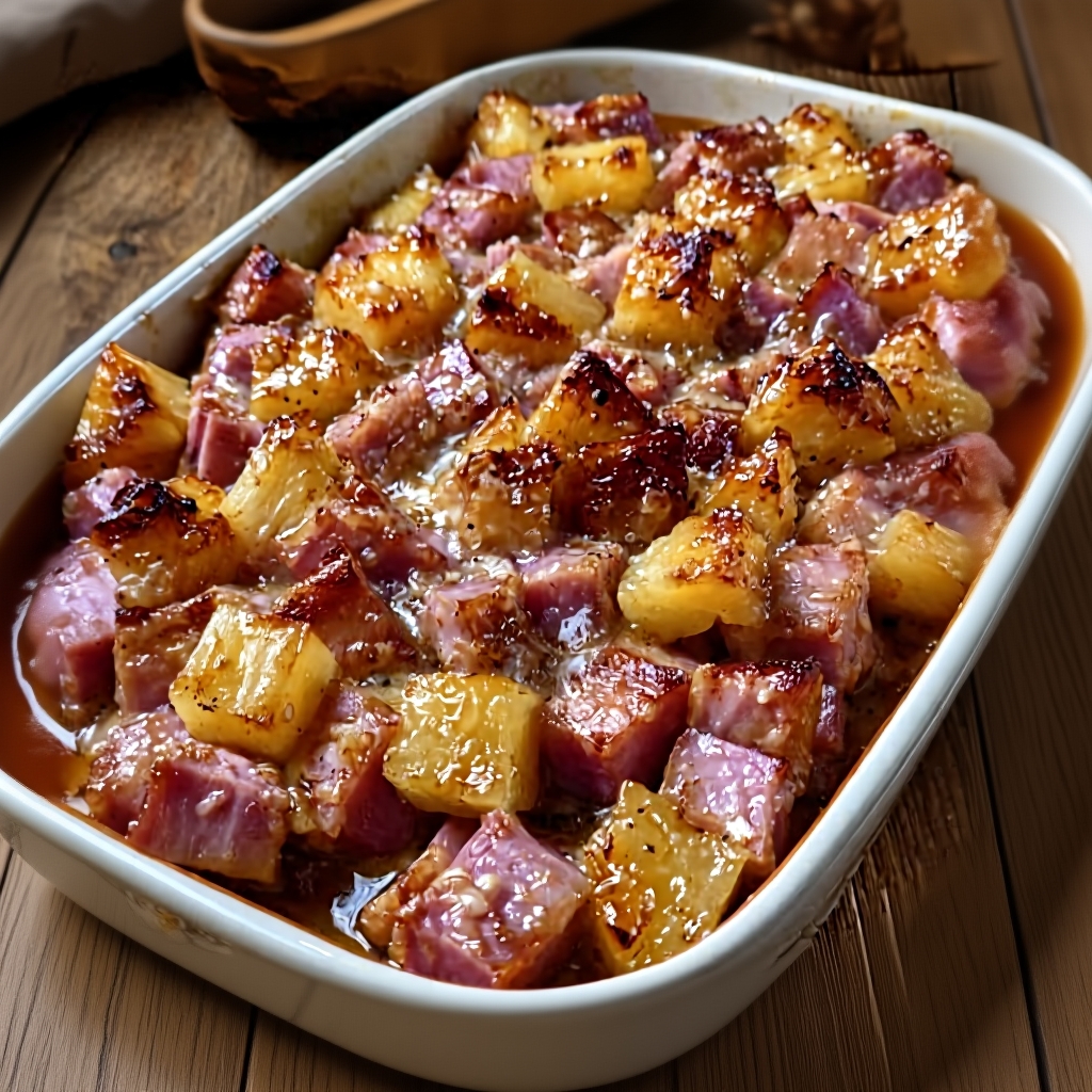 A close-up view of the golden and bubbling pineapple bake fresh from the oven.