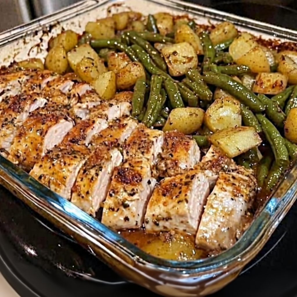 A beautiful, golden-brown Easy Chicken Bake fresh out of the oven in a white casserole dish.