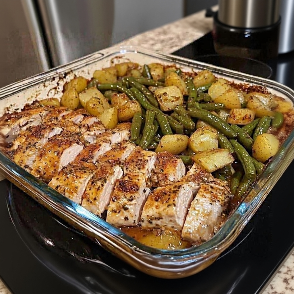 A bowl of fresh ingredients: cubed chicken, diced potatoes, and green beans.