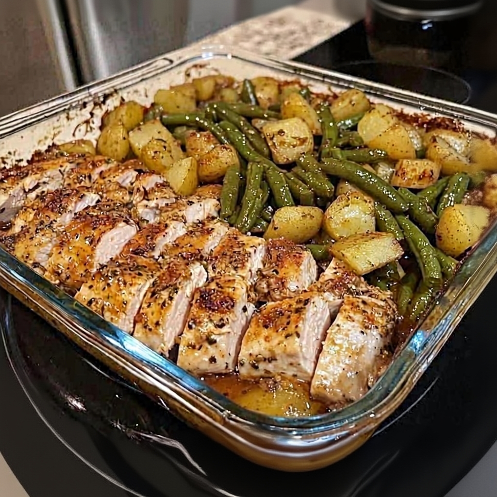 Ingredients being tossed in a baking dish with Italian seasoning.
