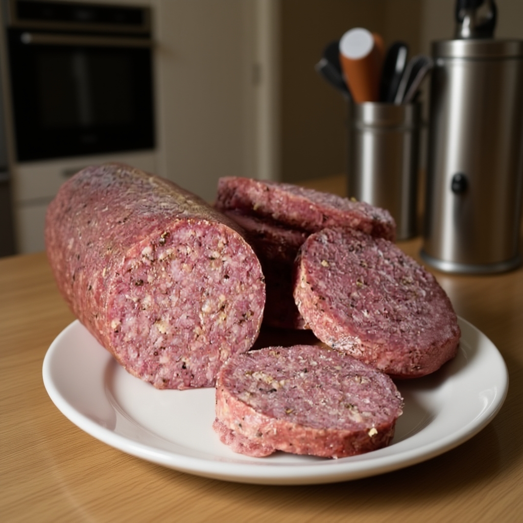 Ingredients for making summer sausage displayed on a kitchen counter