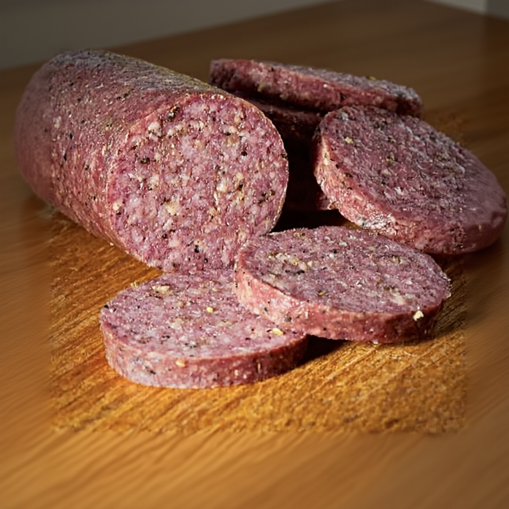 Beautifully arranged summer sausage on a cutting board