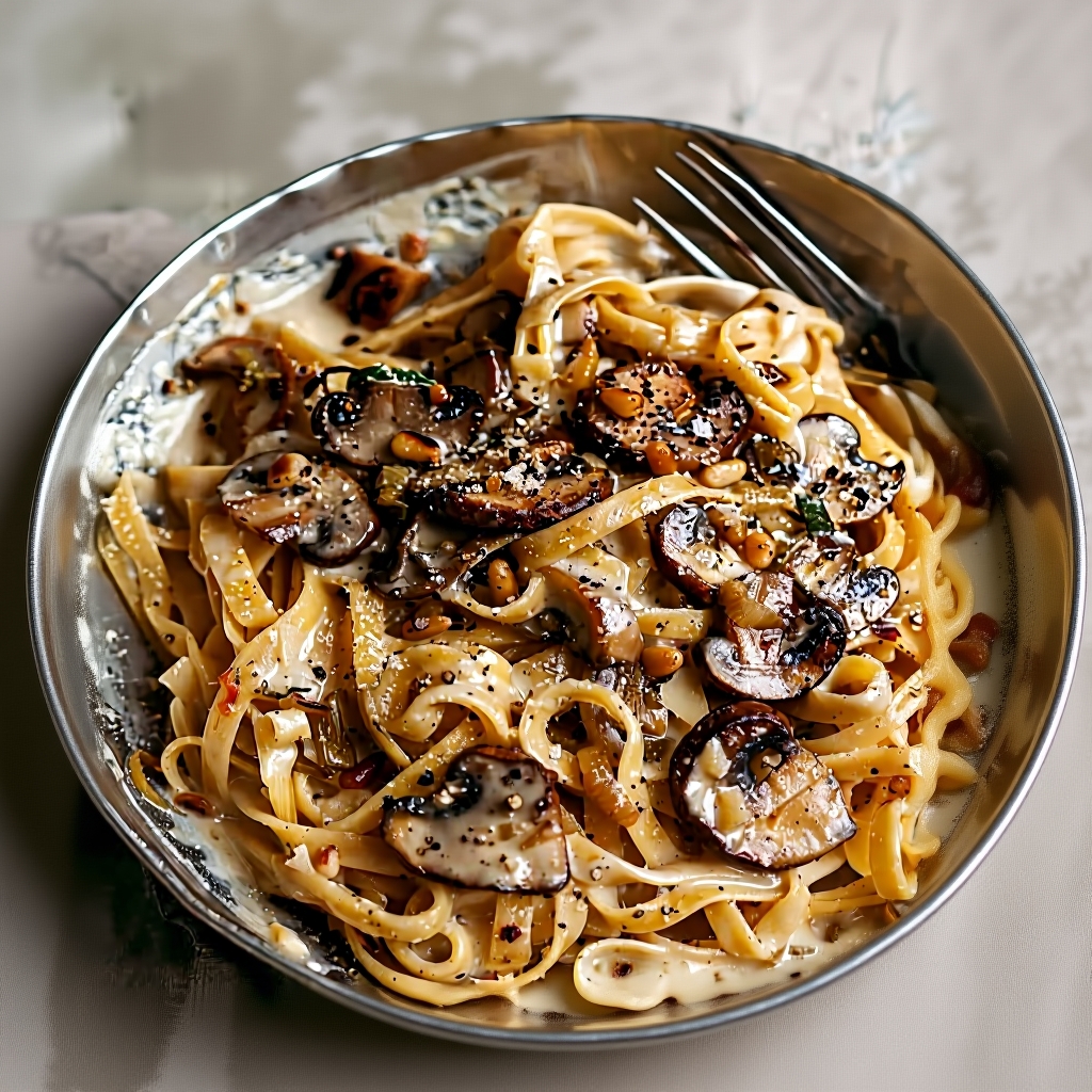 Delicious Fettuccine served with caramelized leeks and oyster mushrooms