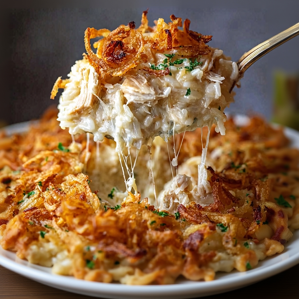 A golden-brown and bubbly French Onion Chicken Rice Casserole fresh from the oven.