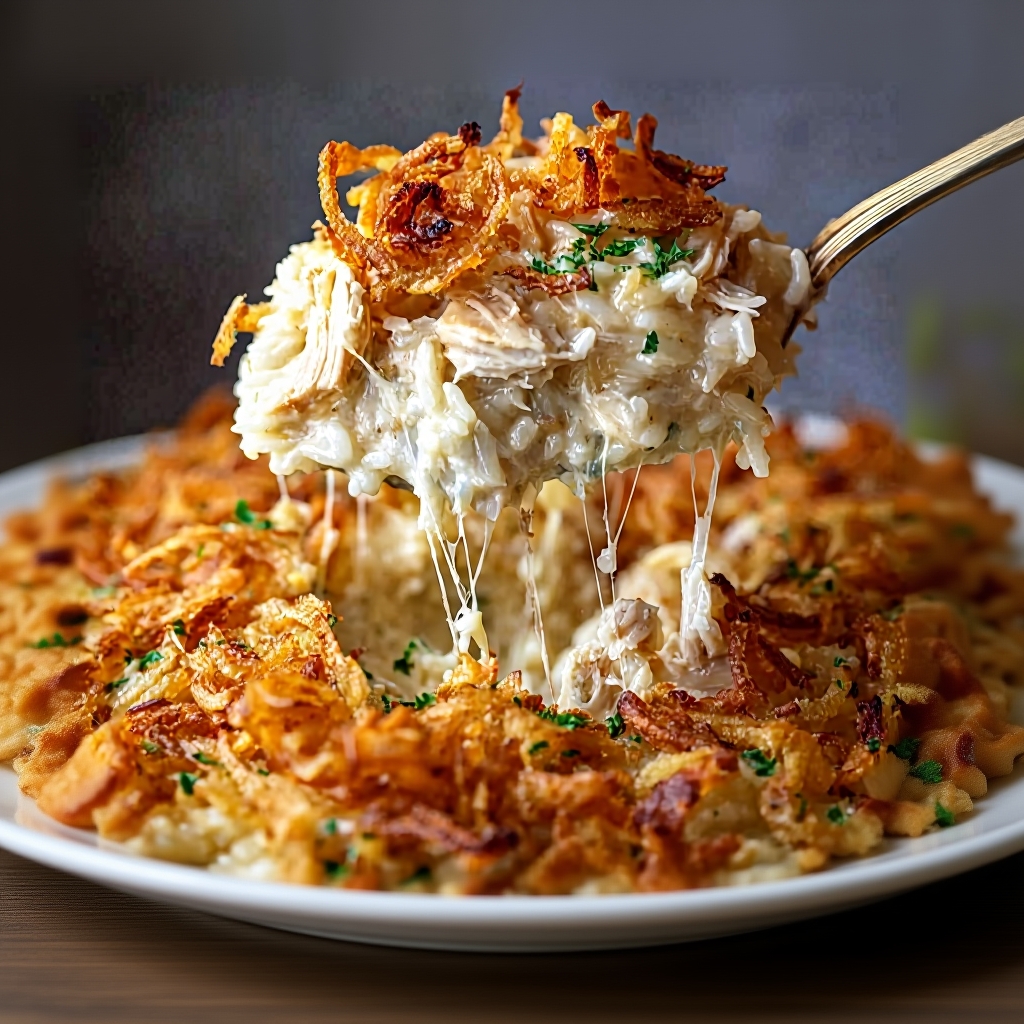 The casserole mixture in a baking dish, topped with onions and cheese, ready for the oven.