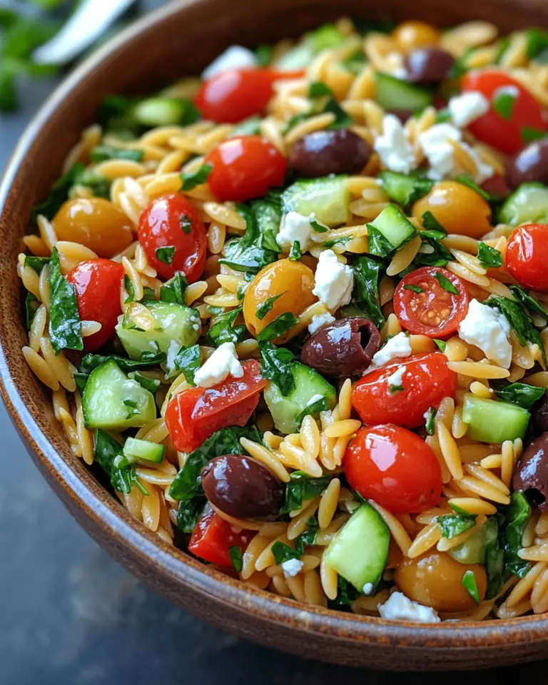 Greek Orzo Salad with cherry tomatoes, olives, cucumber, spinach, and feta