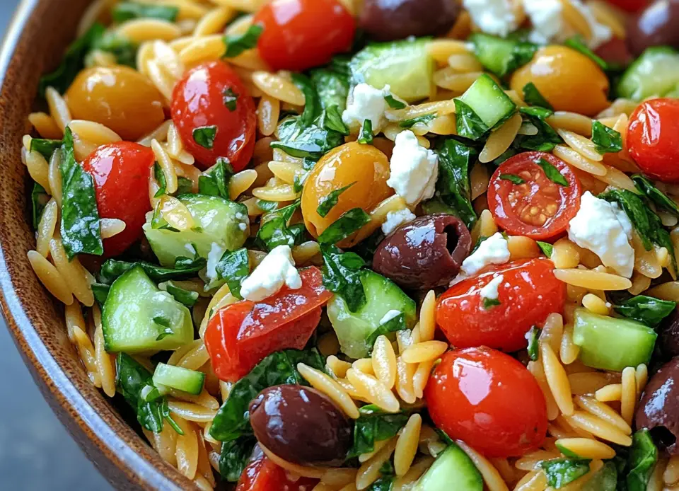 Greek Orzo Salad with cherry tomatoes, olives, cucumber, spinach, and feta