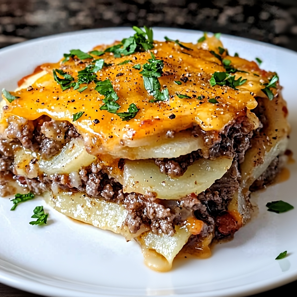 A golden-brown and bubbly ground beef and potato casserole, fresh from the oven.